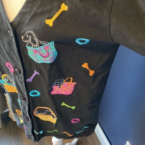 MICHAEL Simon Lite Vintage Embroidered Dog Patch Button Up Cardigan - Picture 3 of 5